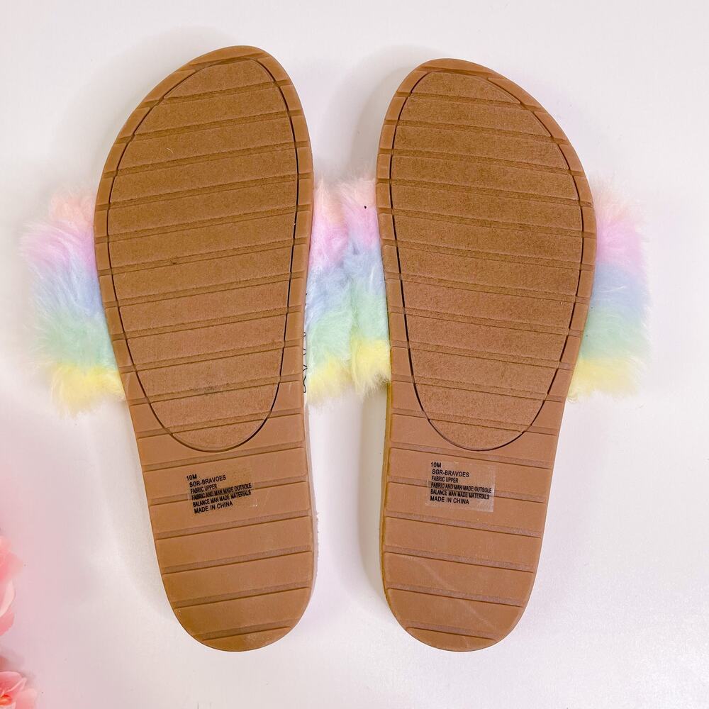 Sugar Bravoes Fuzzy Tie Dye Open Toe Slide Sandals Pastel Rainbow size 10 NEW - Picture 9 of 11